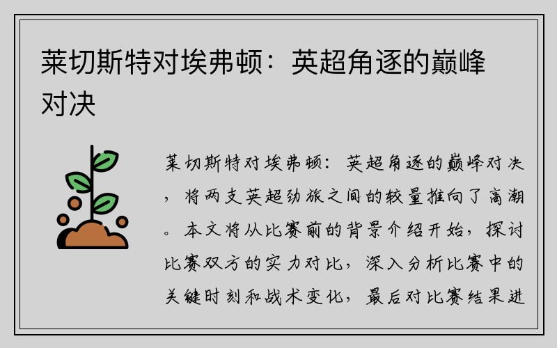 莱切斯特对埃弗顿：英超角逐的巅峰对决
