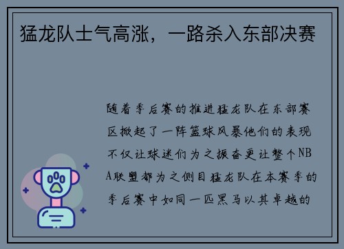 猛龙队士气高涨，一路杀入东部决赛